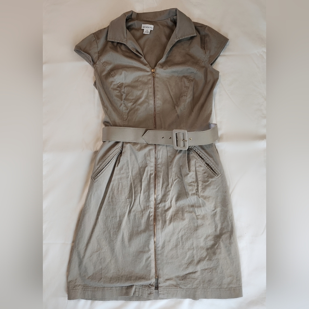 Liz Claiborne Gray Taupe Zip-Up Utility Safari Mini Dress With Belt Size 16